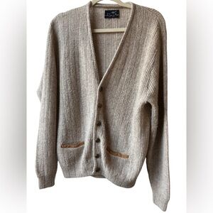 Vintage Puritan Beige Women's Cardigan Leather trim Pockets Cottagecore Sweater